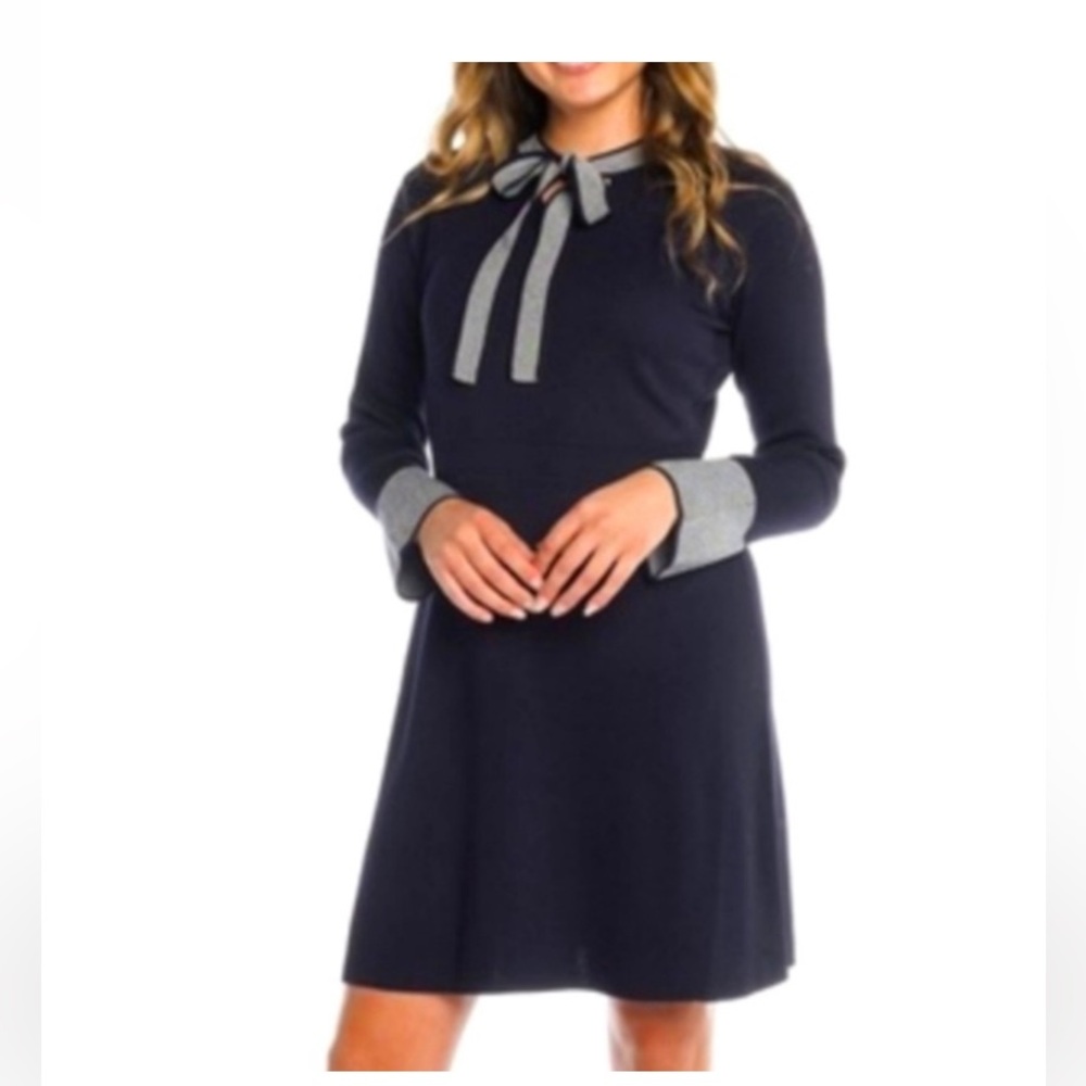 NWOT Nanette Lepore Bow Tie Lucianna Navy Blue and White Pinstripe Dress Size XL